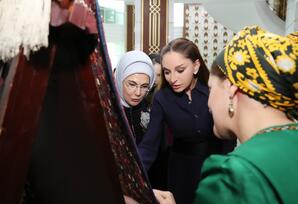 Mehriban Əliyeva təsviri və dekorativ sənət əsərlərindən ibarət sərgilərlə tanış olub